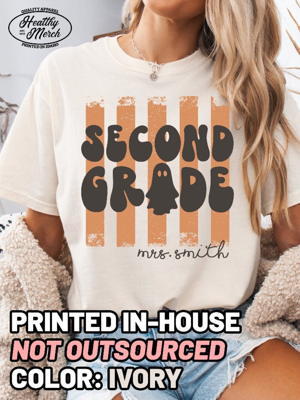 Second Grade Retro Stripe Halloween Teacher Shirt Comfort Colors Ivory